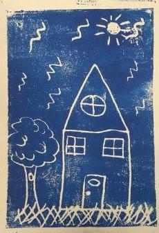 image of a house and tree created using a printmaking technique