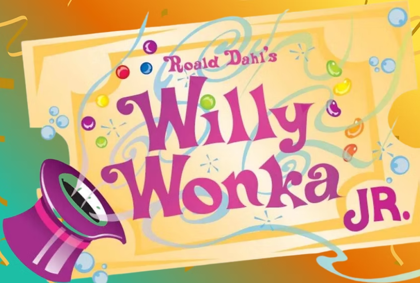colorful background with a purple top hat and text that reads "Roald Dahl's Willy Wonka Jr."
