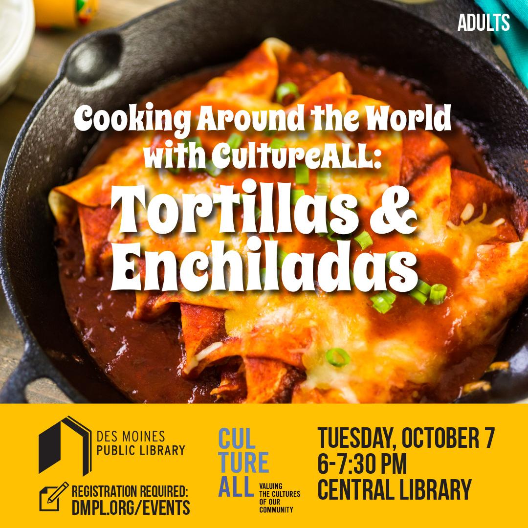Enchiladas in a cast iron skillet with information about the program over the image