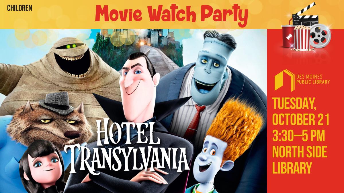 Text: Movie Watch Party, with a movie poster of the monster characters from Hotel Transylvania