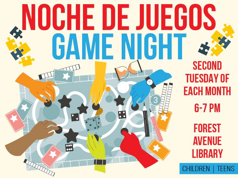 Text reads: "Noche de Juegos: Game Night - 2nd Tuesday of each month from 6-7 PM"