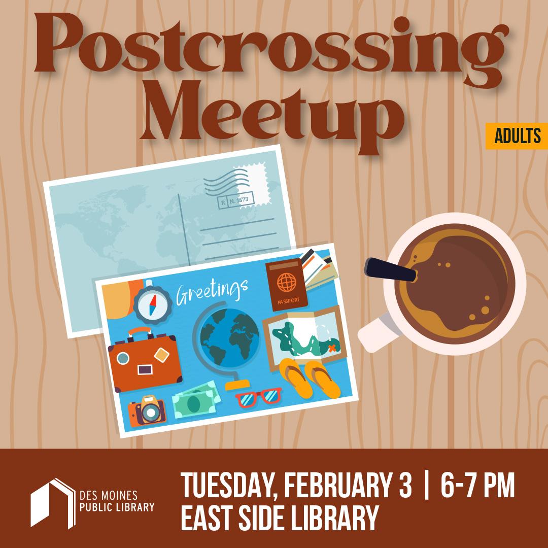 Postcrossing Meetup text with image of postcards and hot drink.