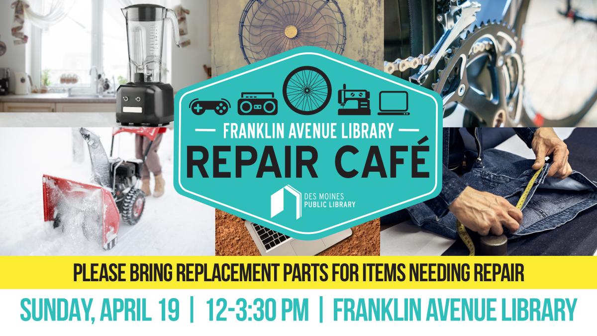 repair cafe title above the dmpl logo on teal foreground crest over images of various home items